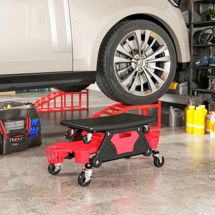 Rolling Mechanic Stool, 135kg Capacity Workshop Stool with 360° Swivel Wheels, Roller Creeper Seat with Slide Out Tool Trays, Drawer, Bottle Holders for Garage, Shop, Auto Repair, Red