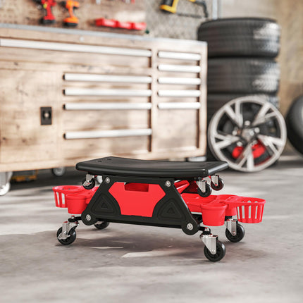 Rolling Mechanic Stool, 135kg Capacity Workshop Stool with 360° Swivel Wheels, Roller Creeper Seat with Slide Out Tool Trays, Drawer, Bottle Holders for Garage, Shop, Auto Repair, Red