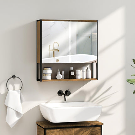 Bathroom Mirror Cabinet with Soft-Close Doors and Adjustable Shelf - Natural Wood Finish