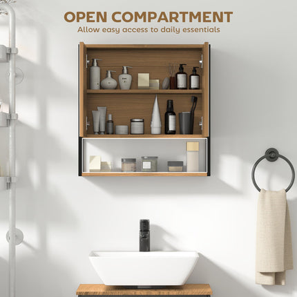 Bathroom Mirror Cabinet with Soft-Close Doors and Adjustable Shelf - Natural Wood Finish