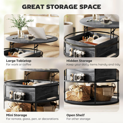 Lift Top Coffee Table, Round Coffee Table with Storage Shelf, Hidden Compartment