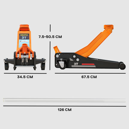 3 Ton Hydraulic Low-Profile Floor Jack, with 7.5-50.5cm Lifting Range, Wheels, O