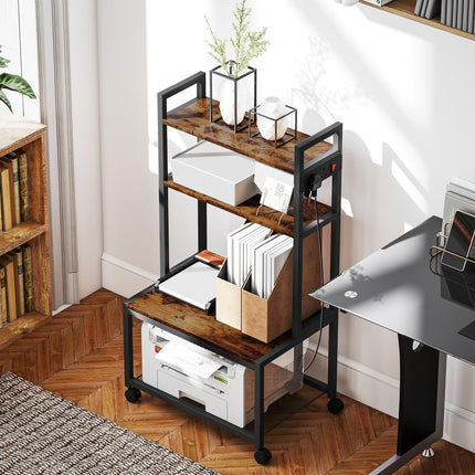 4-Tier Printer Stand with Power Outlets and Wheels - Rustic Brown