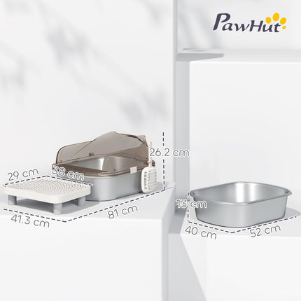 Stainless Steel Litter Box with Lid, High Wall Sided Enclosure, Pedal, Scoop, Non-Sticky, Anti-Leakage, Easy Cleaning