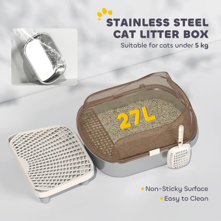 Stainless Steel Litter Box with Lid, High Wall Sided Enclosure, Pedal, Scoop, Non-Sticky, Anti-Leakage, Easy Cleaning