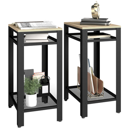 Tall Side Table Set of 2 with 3 Layer, 2 Shelves Storage Display Industrial-Styl
