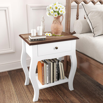2pcs Bedside Tables with Drawer, French Style Bedside Cabinets with Open Shelf F