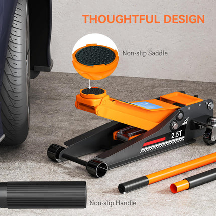 2.5 Ton Hydraulic Low-Profile Floor Jack, with 7.5-47cm Lifting Range, Wheels, Orange