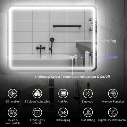 80 x 60 cm Bluetooth Bathroom Mirror - Silver-Tone