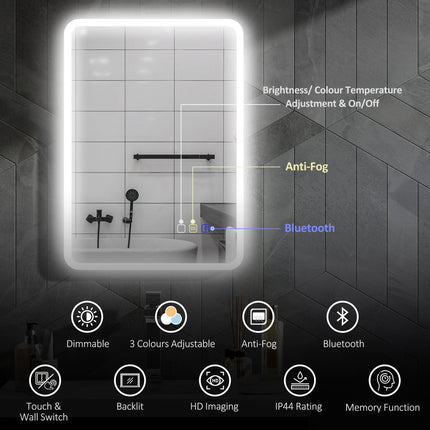 70 x 50cm LED Bathroom Mirror, with Bluetooth - Silver Tone