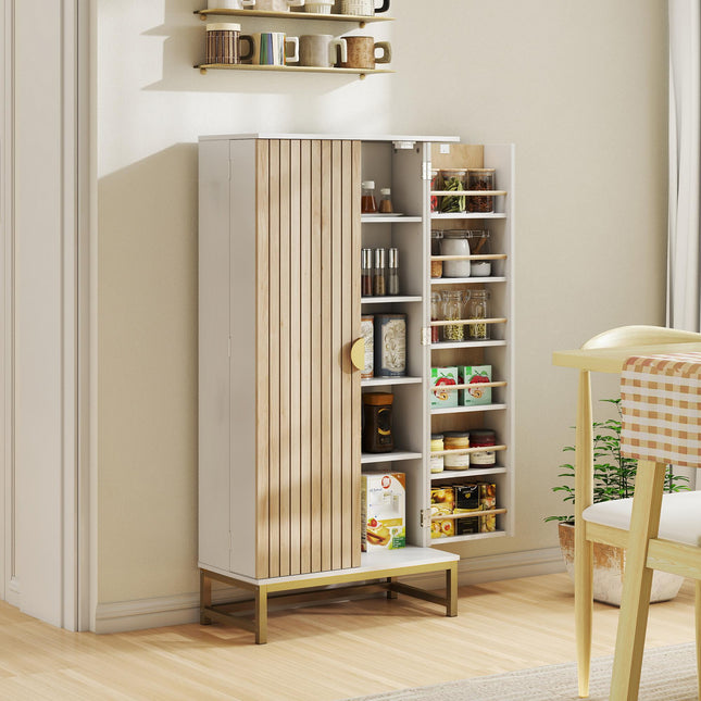 119.5 cm Kitchen Cupboard, Freestanding Kitchen Cabinet with Double Doors, 5 Tiers, 12 Spice Racks, White