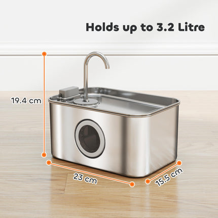 3.2L Cat Water Fountain for Drinking, Cat Fountain Stainless Steel with Visible Water-Level Window, Ultra-Silent Pump