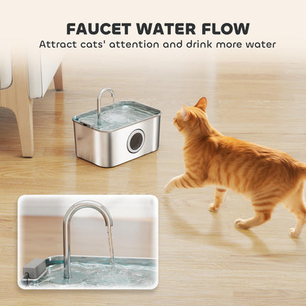 3.2L Cat Water Fountain for Drinking, Cat Fountain Stainless Steel with Visible Water-Level Window, Ultra-Silent Pump