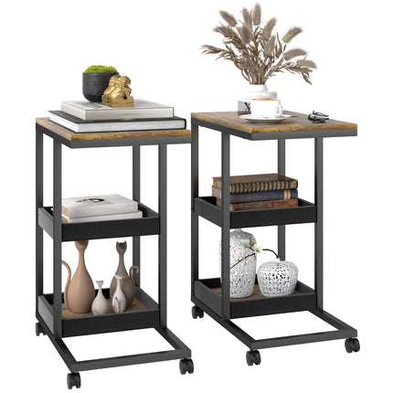 Mobile Sofa Side Table Set of 2, Industrial C-Shaped Rolling Table with 3-Tier Sofa Side Table Set Of 2 Industrial C Shaped Rolling Table With 3 Tier S
