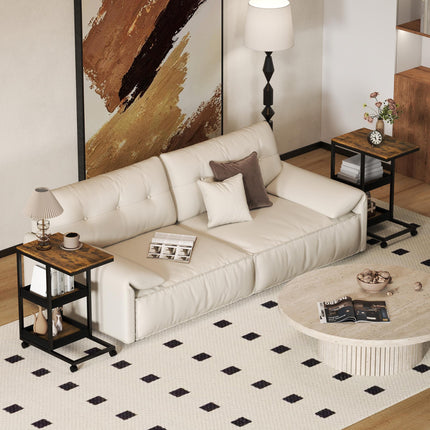 Mobile Sofa Side Table Set of 2, Industrial C-Shaped Rolling Table with 3-Tier Sofa Side Table Set Of 2 Industrial C Shaped Rolling Table With 3 Tier S