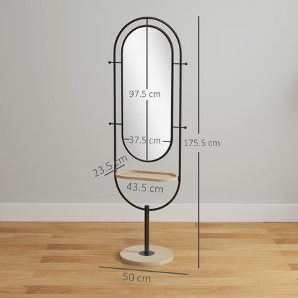 Oval Full Length Mirror with Wooden Tray and 4 Hooks - Black