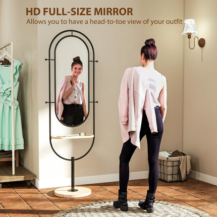 Oval Full Length Mirror with Wooden Tray and 4 Hooks - Black