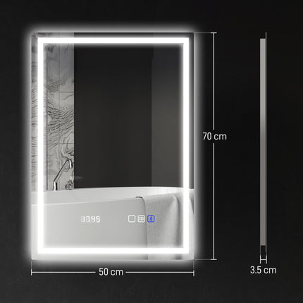 50 x 70 cm Anti-Fog LED Bathroom Mirror, with Bluetooth and Clock - Silver Tone