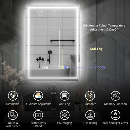 50 x 70 cm Anti-Fog LED Bathroom Mirror, with Bluetooth and Clock - Silver Tone