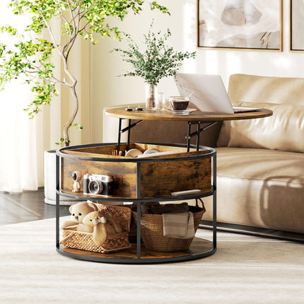 Lift Top Coffee Table, Round Coffee Table with Storage Shelf, Hidden Compartment