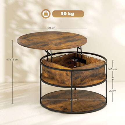 Lift Top Coffee Table, Round Coffee Table with Storage Shelf, Hidden Compartment