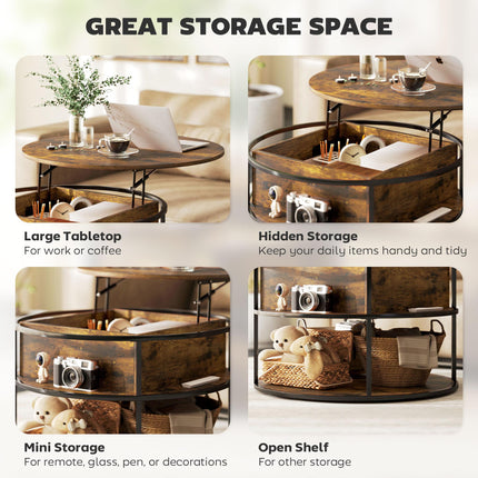 Lift Top Coffee Table, Round Coffee Table with Storage Shelf, Hidden Compartment