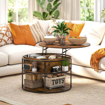 Lift Top Coffee Table, Round Coffee Table with Storage Shelf, Hidden Compartment