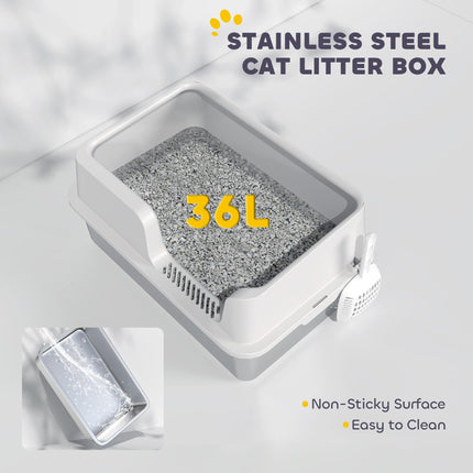 Stainless Steel Litter Box with Detachable Rim, Scoop, Easy Cleaning, Odour-Resistant, 60 x 40 x 28 cm