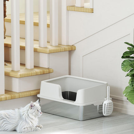 Stainless Steel Litter Box with Detachable Rim, Scoop, Easy Cleaning, Odour-Resistant, 60 x 40 x 28 cm