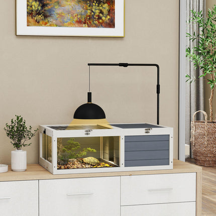 Tortoise Table with Adjustable Lamp Holder, Wooden Tortoise House w/ Openable Lids, Pull-Out Trays - Grey