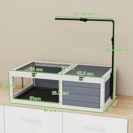 Tortoise Table with Adjustable Lamp Holder, Wooden Tortoise House w/ Openable Lids, Pull-Out Trays - Grey
