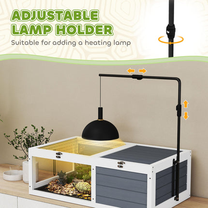 Tortoise Table with Adjustable Lamp Holder, Wooden Tortoise House w/ Openable Lids, Pull-Out Trays - Grey