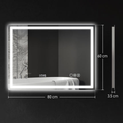 60 x 80 cm Anti-Fog LED Bathroom Mirror, with Bluetooth and Clock - Silver Tone