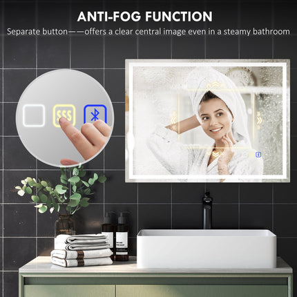 60 x 80 cm Anti-Fog LED Bathroom Mirror, with Bluetooth and Clock - Silver Tone