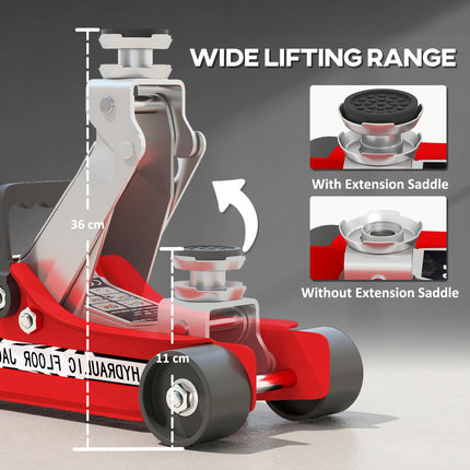 HOMCOM Hydraulic Low Profile Floor Jack, 2.5 Tonne Heavy Duty Steel Trolley Car Jack Lift with 80-360 mm Lifting Range, Wheels, Top Handle, Red