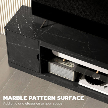 TV Stand Cabinet, Marble Effect TV Unit for up to 55" TVs with Glass Shelf and Storage Cabinet, Entertainment Unit for Living Room, Bedroom, Black