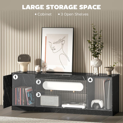 TV Stand Cabinet, Marble Effect TV Unit for up to 55" TVs with Glass Shelf and Storage Cabinet, Entertainment Unit for Living Room, Bedroom, Black