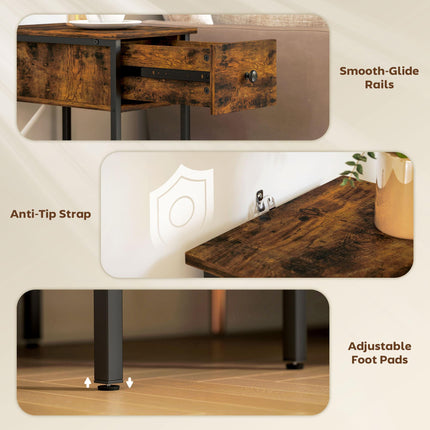 Narrow Side Table with Drawer and Storage Shelf - Rustic Brown