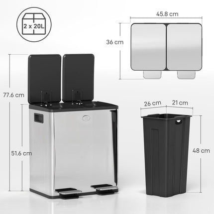 40L Dual Compartment Stainless Steel Bin with Deodoriser Holders - Silver Tone