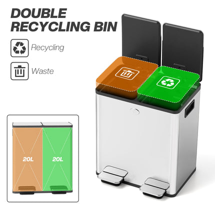 40L Dual Compartment Stainless Steel Bin with Deodoriser Holders - Silver Tone