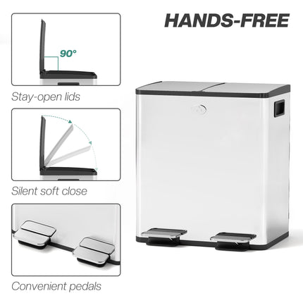 40L Dual Compartment Stainless Steel Bin with Deodoriser Holders - Silver Tone
