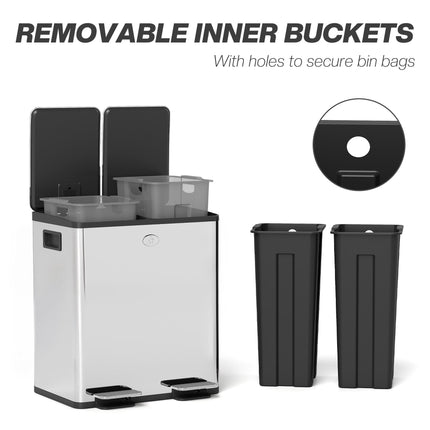 40L Dual Compartment Stainless Steel Bin with Deodoriser Holders - Silver Tone
