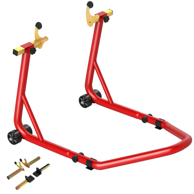 Motorcycle Rear Wheel Stand, 544 kg Capacity Heavy Duty Steel Motorbike Motorcycle Paddock Stand Lift with Adjustable U + L Forks, Wheels, Non-Slip Pads for Workshop Garage Repair, Red