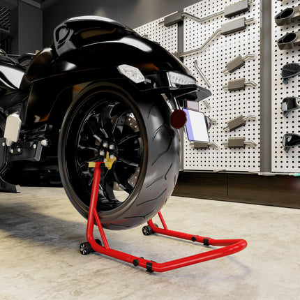 Motorcycle Rear Wheel Stand, 544 kg Capacity Heavy Duty Steel Motorbike Motorcycle Paddock Stand Lift with Adjustable U + L Forks, Wheels, Non-Slip Pads for Workshop Garage Repair, Red