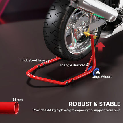 Motorcycle Rear Wheel Stand, 544 kg Capacity Heavy Duty Steel Motorbike Motorcycle Paddock Stand Lift with Adjustable U + L Forks, Wheels, Non-Slip Pads for Workshop Garage Repair, Red