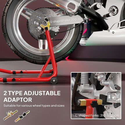Motorcycle Rear Wheel Stand, 544 kg Capacity Heavy Duty Steel Motorbike Motorcycle Paddock Stand Lift with Adjustable U + L Forks, Wheels, Non-Slip Pads for Workshop Garage Repair, Red