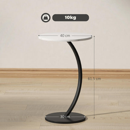 C Shaped Side Table, Round Bedside Table with Marble Effect Top, Modern Coffee Table Sofa End Table with Metal Frame for Living Room Bedroom Office, White