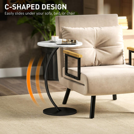 C Shaped Side Table, Round Bedside Table with Marble Effect Top, Modern Coffee Table Sofa End Table with Metal Frame for Living Room Bedroom Office, White
