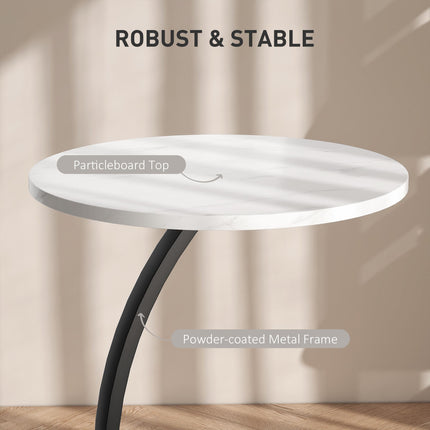 C Shaped Side Table, Round Bedside Table with Marble Effect Top, Modern Coffee Table Sofa End Table with Metal Frame for Living Room Bedroom Office, White