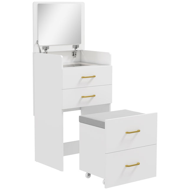Compact Dressing Table and Stool Set, with Storage - White